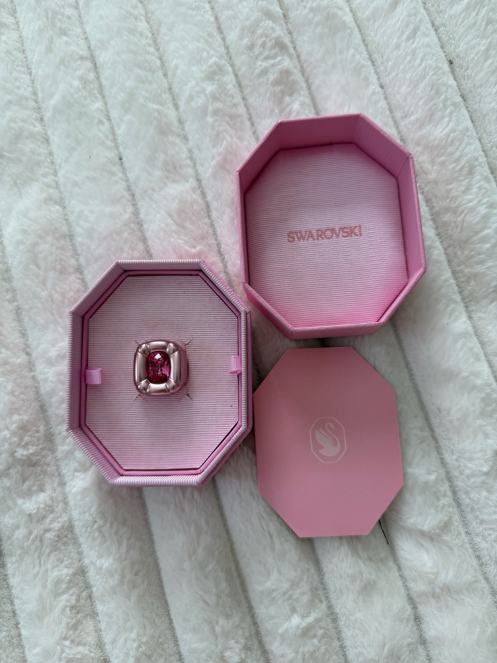 Swarovski Pink-Tone Ring with Deep Pink Cushion Crystal